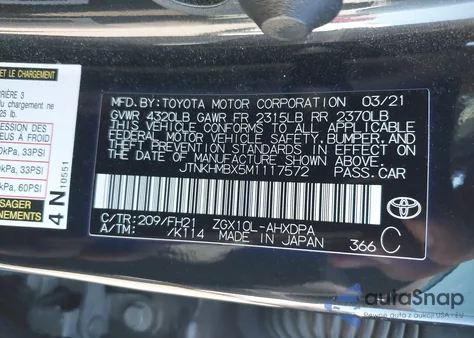 2021 Toyota C-Hr Le z USA, uszkodzony, nr VIN JTNKHMBX5M1117572